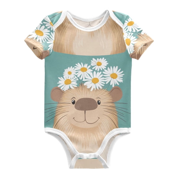 Happy Capybaras with Flower Garlands Pure Cotton Bodysuit Short Sleeve Pajamas One-Piece Romper Unisex 18M