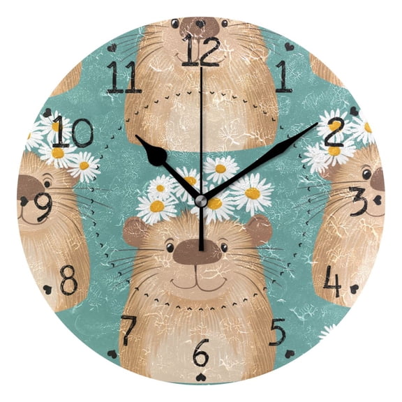 Happy Capybaras with Flower Garlands Round Wall Clock Silent Analog Battery Operated Black Pointer Home Decor 9.84" Diameter