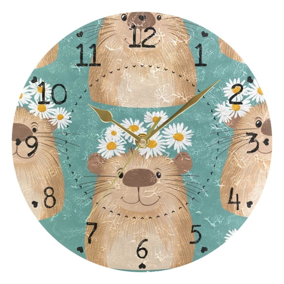 Happy Capybaras with Flower Garlands Round Wall Clock Silent Analog Battery Operated Gold Pointer Home Decor 9.84" Diameter