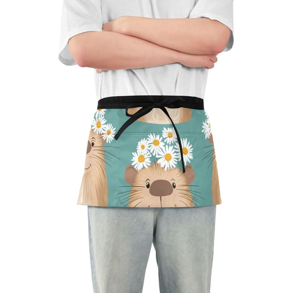 Happy Capybaras with Flower Garlands Short Server Apron with 3 Pockets for Unisex Chef Gardening
