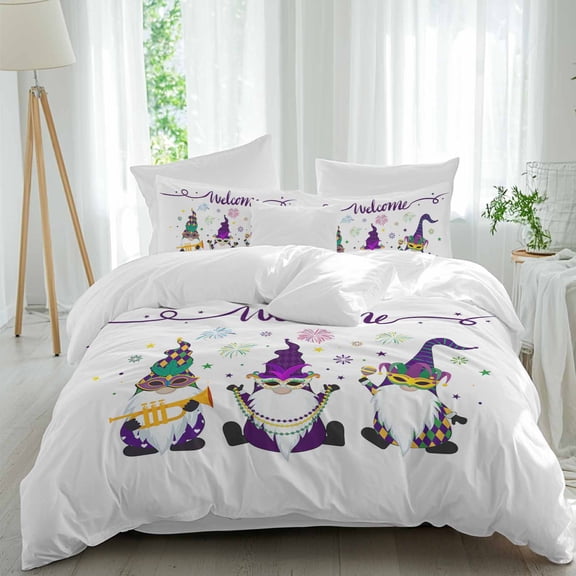 Happy Carnival Duvet Cover Set Twin Size, Gnomes 4 Piece Soft Microfiber Bedding Set with 1 Duvet Cover, 1 Flat Sheet, 2 Pillowcases