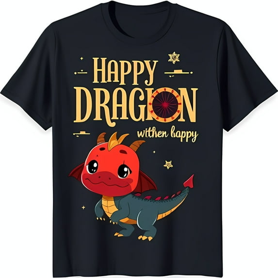 Happy Cartoon Black T-Shirt Cute Red Face Green Body Yellow Text