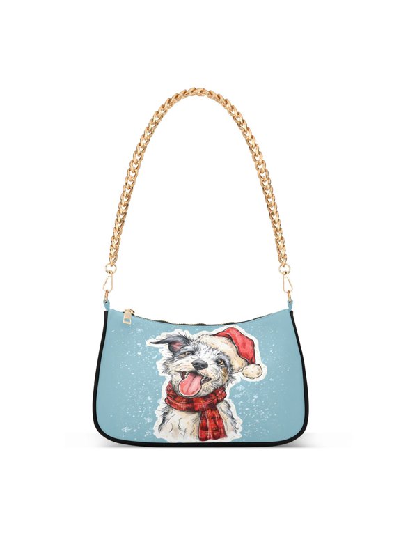 Happy Cartoon Dog with Christmas Hat Women's Tote Bag Detachable Strap Chain Bag Lightweight Shoulder Purse