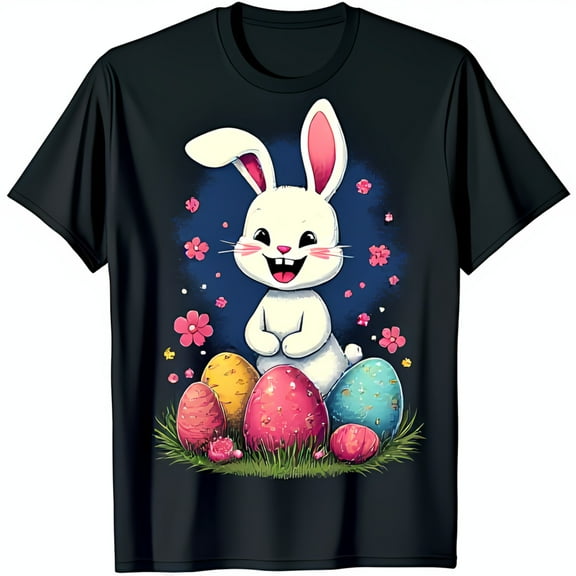 Happy Cartoon Graphic Black T-Shirt with Colorful Easter Eggs & Flowers