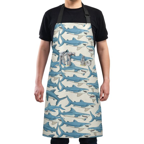 Happy Cartoon Sharks Kitchen Apron with 2 Pockets Adjustable waterproof Cooking Aprons for Women Men Chef
