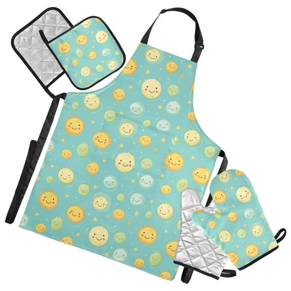 Happy Cartoon Sun 5 Pcs Kitchen Set Heat Resistant Oven Mitts and Non-Slip Pot Holders with Adjustable Cooking Apron