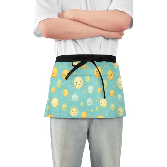 Happy Cartoon Sun Server Apron with 3 Pockets Waterproof Waitress Waist Short Apron for Man Woman 12 Inches