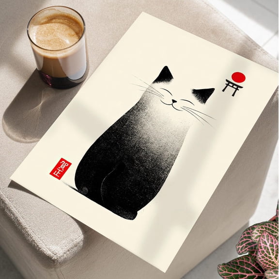 Happy Cat Abstract Wall Art, Minimalist Zen Cat Decor, Unframed Paper Print Size 8x12