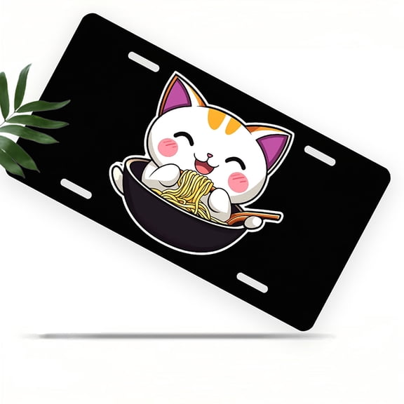 Happy Cat Eating Noodles Front License Plate, Metal License Plate, Funny Standard Plates Personalized Novelty Decorative For Men/Women/Boys/Girls Car 6×12 Inch