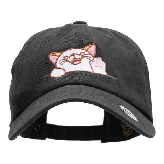 Happy Cat Embroidered Cotton Twill Washed Cap - Black OSFM
