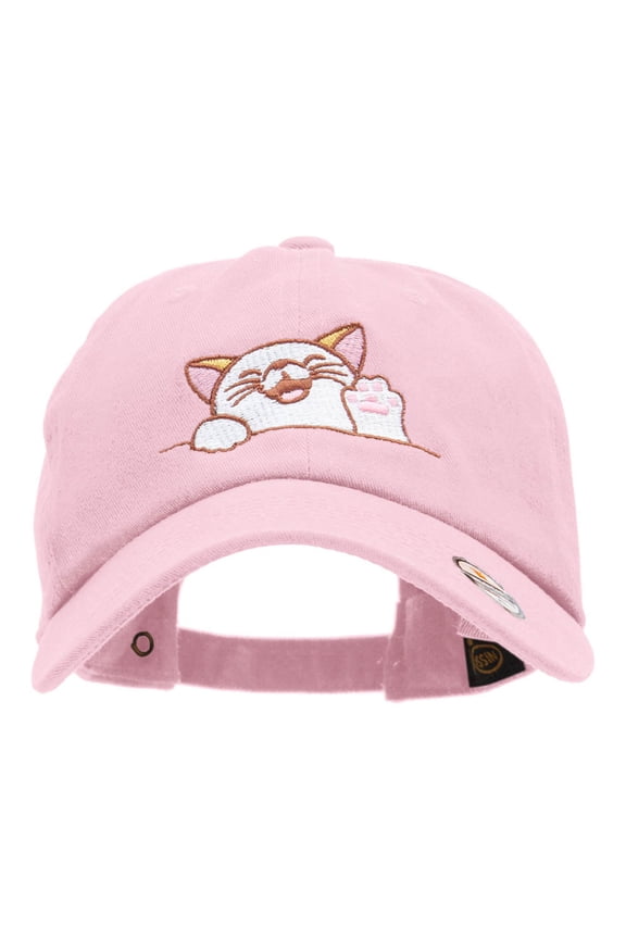 Happy Cat Embroidered Cotton Twill Washed Cap - Lt Pink OSFM