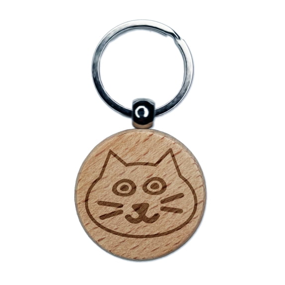 Happy Cat Face Doodle Round Keychain Charm Tag - Engraved Wood