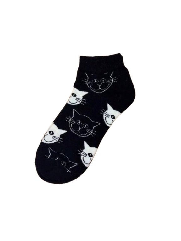 Happy Cat Face Pattern Ankle Socks (Adult Medium - Women's Shoe Sizes 5-10) Style: Black Sock with Cats
