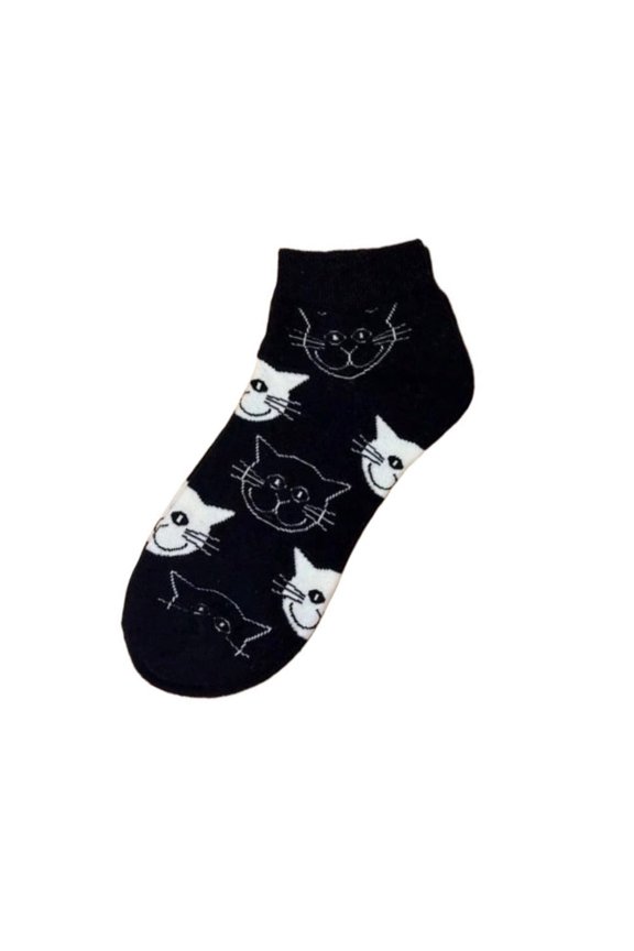 Happy Cat Face Pattern Ankle Socks (Adult Medium - Women's Shoe Sizes 5-10) Style: Black Sock with Cats