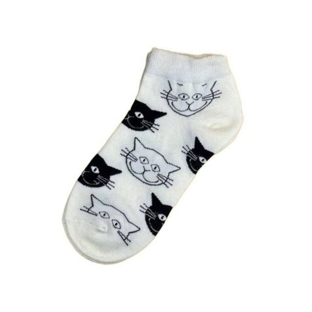 Happy Cat Face Pattern Ankle Socks (Adult Medium - Women's Shoe Sizes 5-10) Style: White Sock with Cats