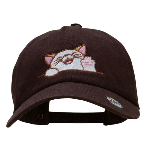 Happy Cat Head Embroidered Unstructured Cotton Twill Cap - Brown OSFM