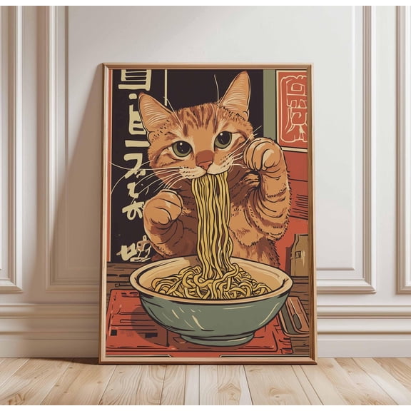 Happy Cat Ramen Poster Japanese Noodle Art Cat Eating Ramen Kawaii Cat Print Asian Food Po