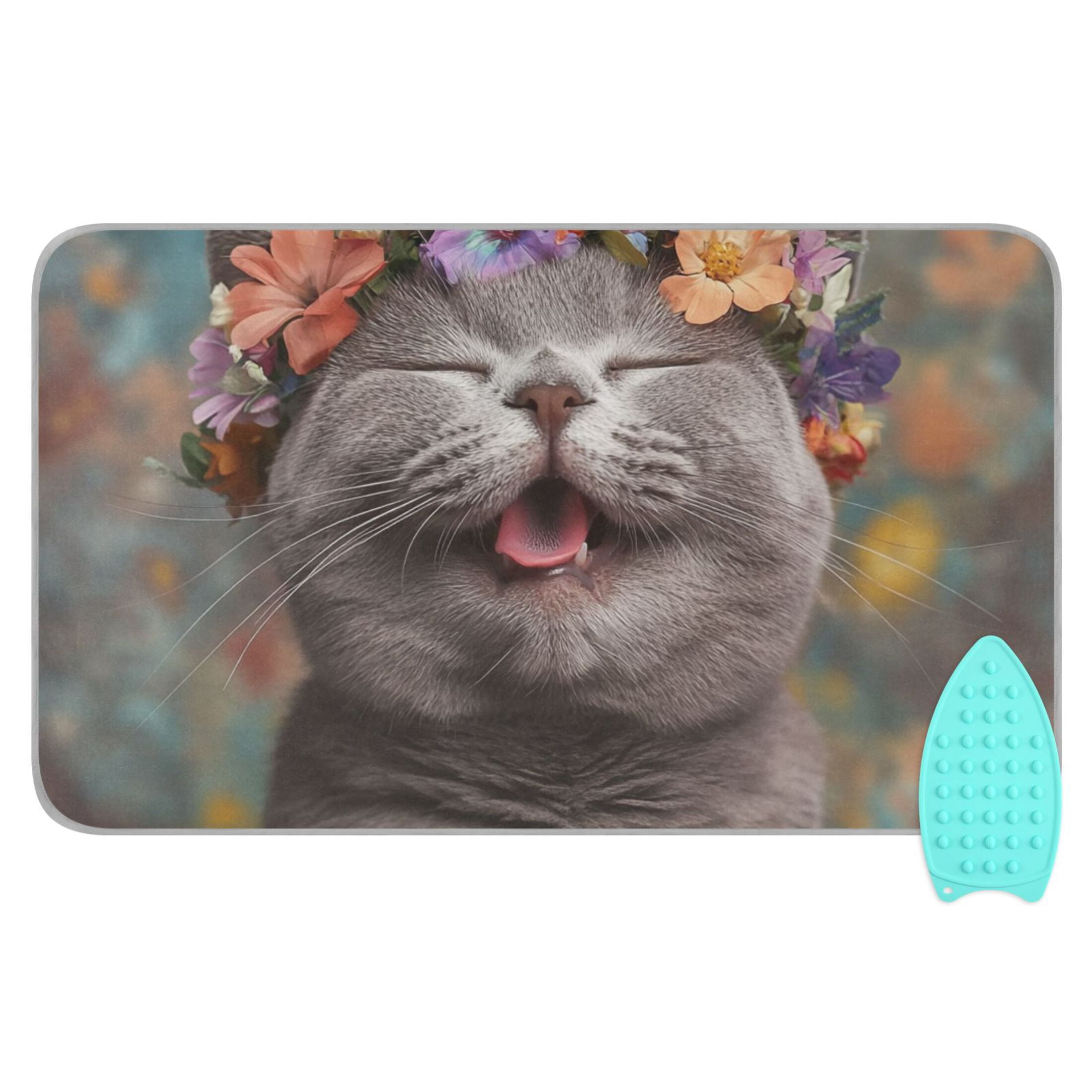 Happy Cat Wearing Garlands Ironing Mat Blanket Portable Travel Ironing Pad Heat Resistant Pad 47.2" x 27.6”