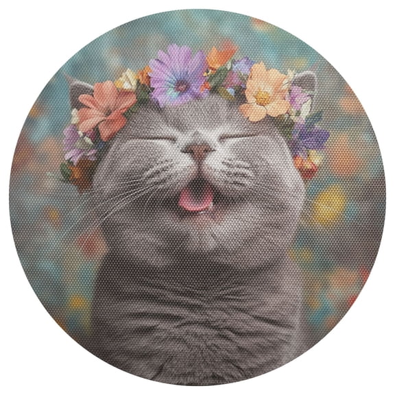 Happy Cat Wearing Garlands PVC Round Grid Placemat Table Mat 1 Pc 15.4" x 15.4"