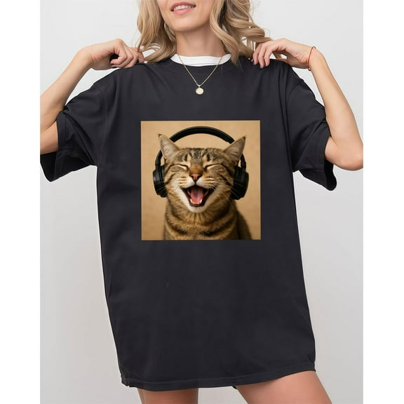 Happy Cat Womens Graphic Tee Shirt Headphones Music Playful Tops Black Short Sleeve Crew Neck S-5XL