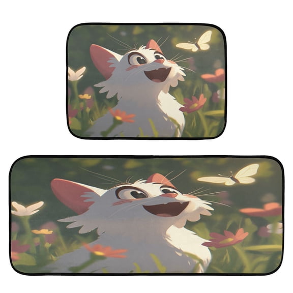 Happy Cat and Butterflies 2-Piece Kitchen Carpet Mat Set, Non-Slip Memory Foam, Soft for Kitchen and Living Room Use