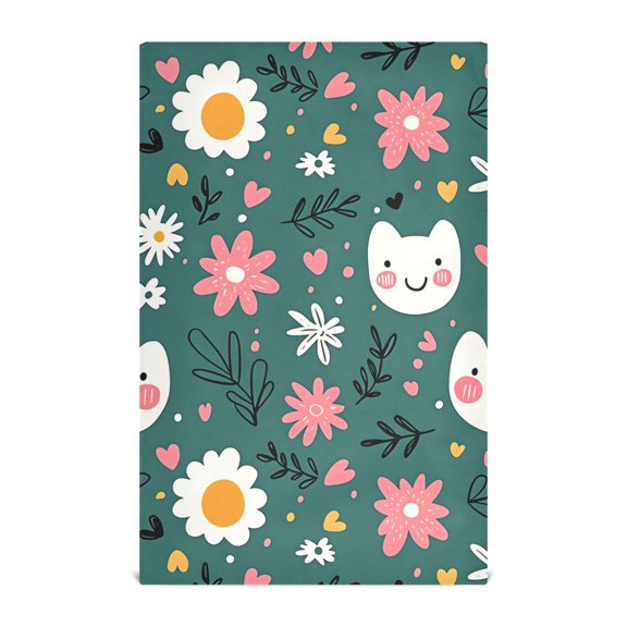 Happy Cat and Flower Pattern Kitchen Towels Waffle Weave Decorative Tea Towels Multi Use Dishcloths 28x18in