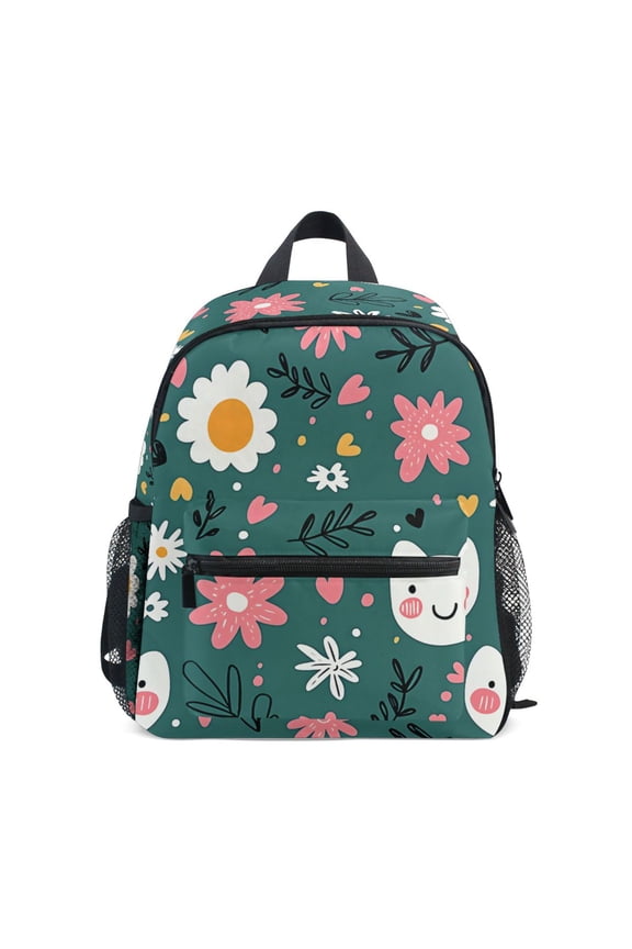 Happy Cat and Flower Pattern Mini Backpack Cute Small Backpack with Chest Strap and Whistle Ages 3-8