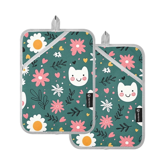Happy Cat and Flower Pattern Pot Holder Set 2 Piece Non-Slip Oven Hot Pads Heat Resistant Durable 7x9.8in