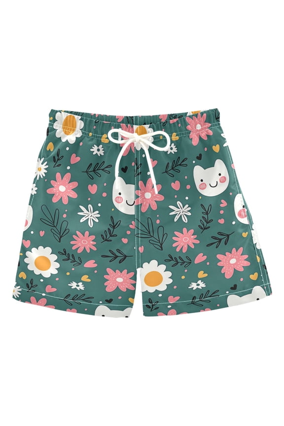 Happy Cat and Flower Pattern Swim Trunks Quick Dry Beach Pool Board Shorts Lightweight Stylish Print Sizes 2T to XL