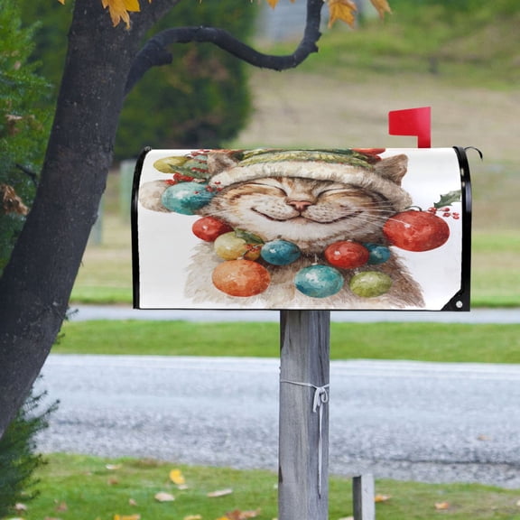 Happy Cat with Christmas Lights Magnetic Mailbox Cover Rust Protection Yard Decor 25.4" x 20.78"