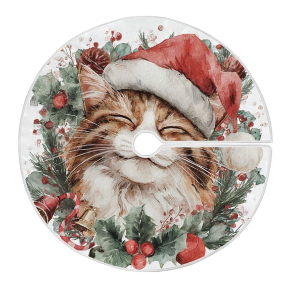 Happy Cat with Christmas Wreath Christmas Tree Skirt Opening Design Floor Mat Holiday Decor 35 inch
