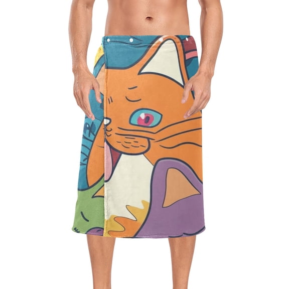 Happy Cats Faces Bath Towel Wrap for Man Adjustable Shower Wrap Button Closure Body Towel for Sauna Gym