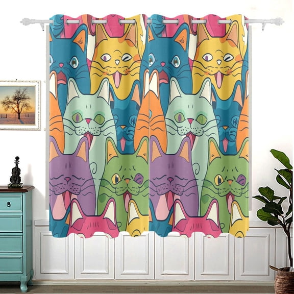 Happy Cats Faces Blackout Curtain Panels 63x55in Drapes Privacy Assured for Living room Bedroom Bathroom 2 panels set