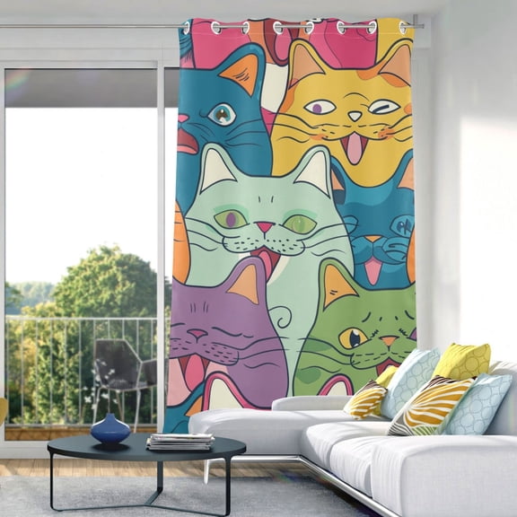 Happy Cats Faces Blackout Curtain Panels Drapes Privacy Assured with Light Filtering Curtains for Living room Bedroom Bathroom Window