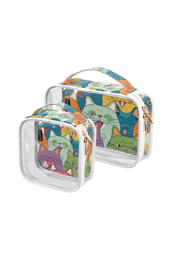Happy Cats Faces Clear Cosmetic Bags with Handles PVC Toiletry Bags Zipper Waterproof Portable for Traveling 2 Pcs