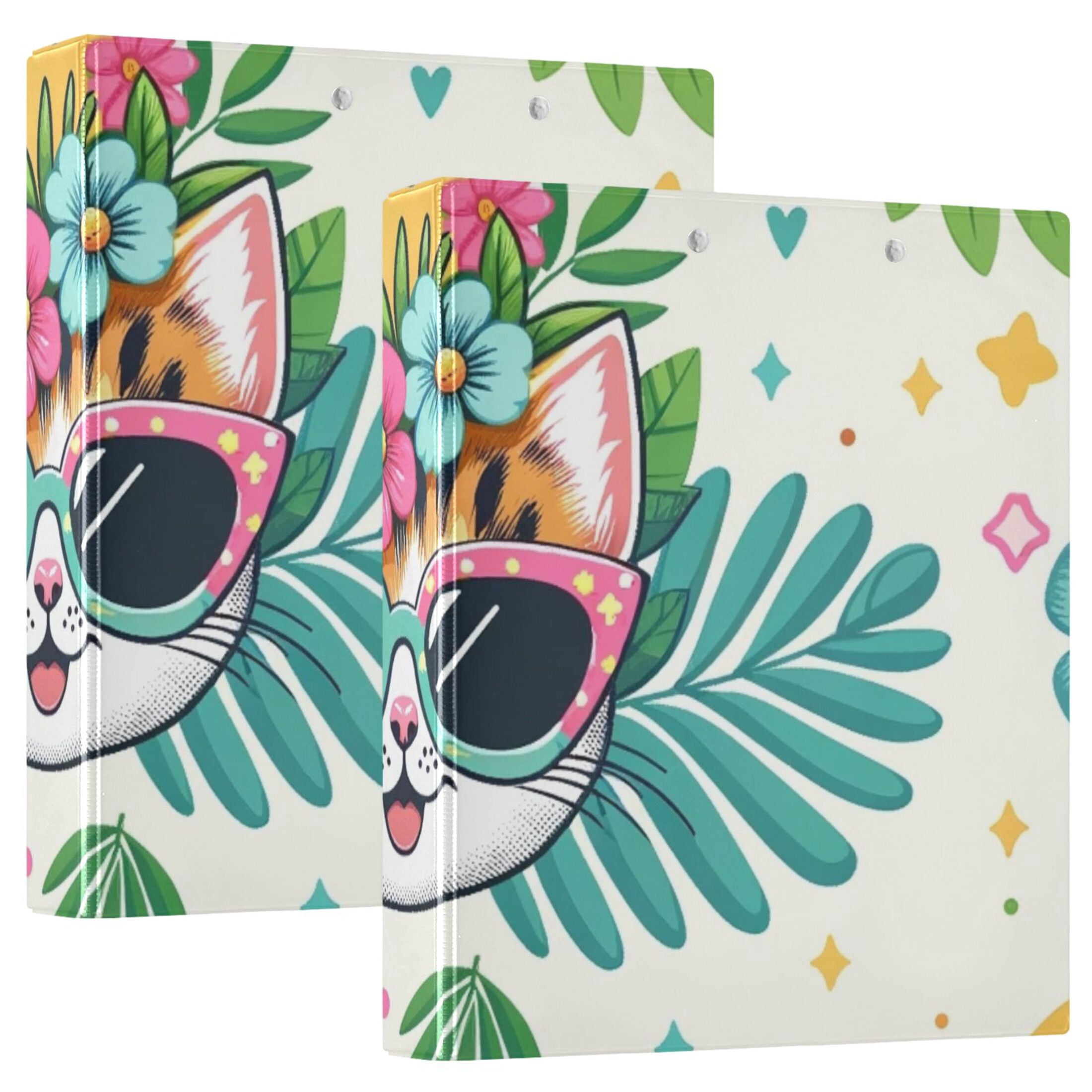 Happy Cats Faces Flowers Sunglasses 3 Ring Binders 1.5 inch Hardcover File Folders with Interior Pockets A4 Size Organizer for School Office Hospital