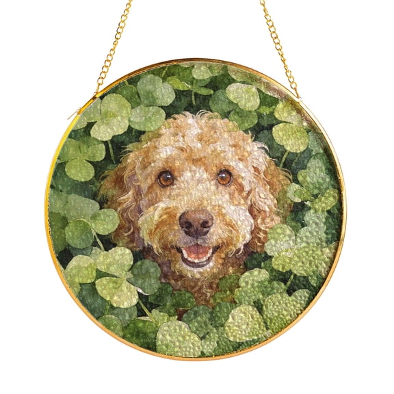 Happy Cavapoo Welcome St Patrick's Day Lucky Shamrocks Clover Stained Glass Suncatcher Dog Lover Window Hanging Sign Decor - 22001