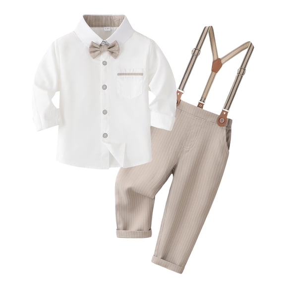 Happy Cherry Baby Boy Clothes Suits Set Infant Formal Dress Shirts Toddler Gentlemen Wedding Outfits Bowtie Suspenders Pants 2pcs 3-4 Years