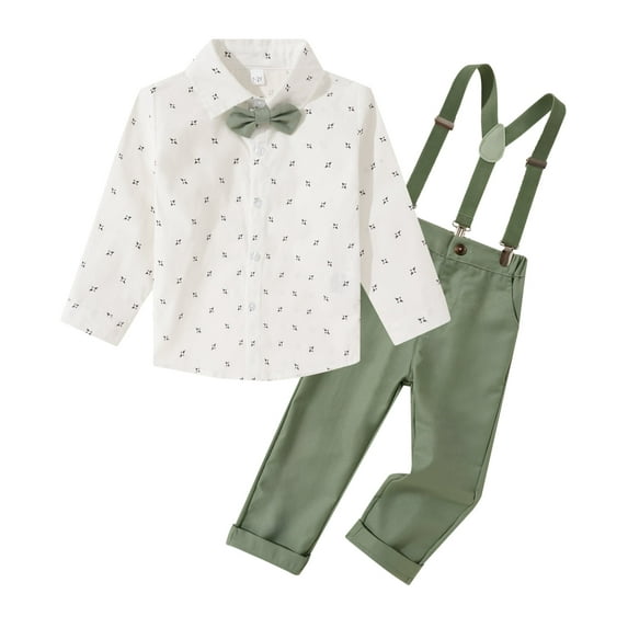 Happy Cherry Baby Boy Clothes Suits Set Infant Formal Dress Shirts Toddler Gentlemen Wedding Outfits Bowtie Suspenders Pants 2pcs 3-4 Years