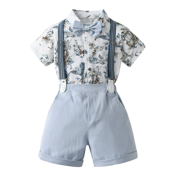 Happy Cherry Baby Boy Wedding Outfit Infant Formal Wear Summer Toddler Gentleman Clothes Suit Set Newborn Dress Shirt Bowtie Suspender 2-3 T