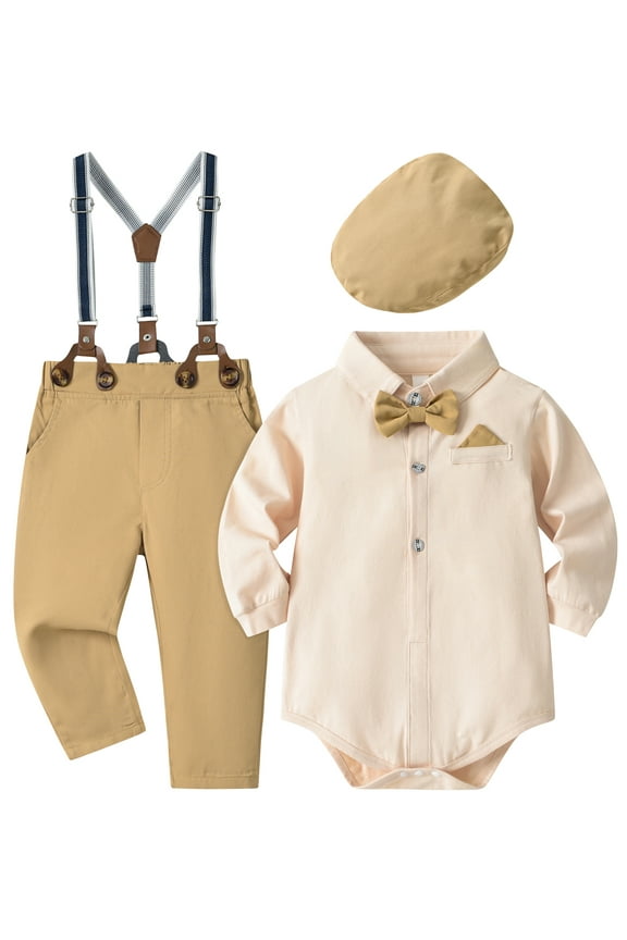 Baby Boy Wedding Outfits 12-18 Months Infant Gentleman Clothes Toddler Dress Suit Newborn Formal Wear Set Long Sleeve Shirt/Bowtie/Beret/Suspender Pant