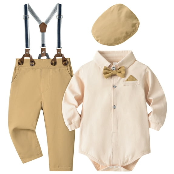 Happy Cherry Baby Boy Wedding Outfits Infant Dress Clothes Toddler Gentleman Suit set Newborn Formal Wear Long Sleeve Shirt/Bowtie/Beret/Suspender Pant 18-24 Months