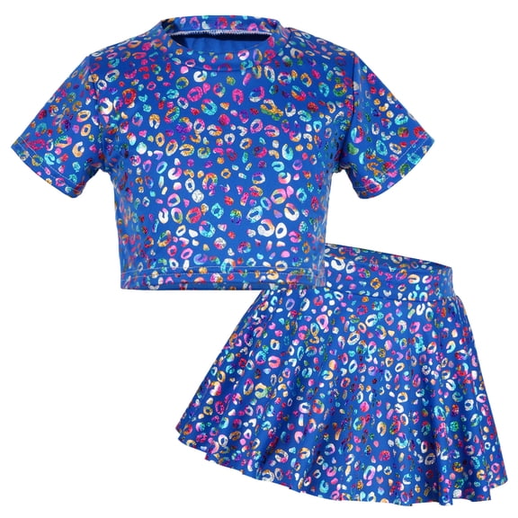 Happy Cherry 2 Pieces Girls Metallic Dance 0utfit Kids Sparkly Dancewear Performance Shiny Short Sleeve Crop Top with Pleated Skirt Set 10-11 Years Blue