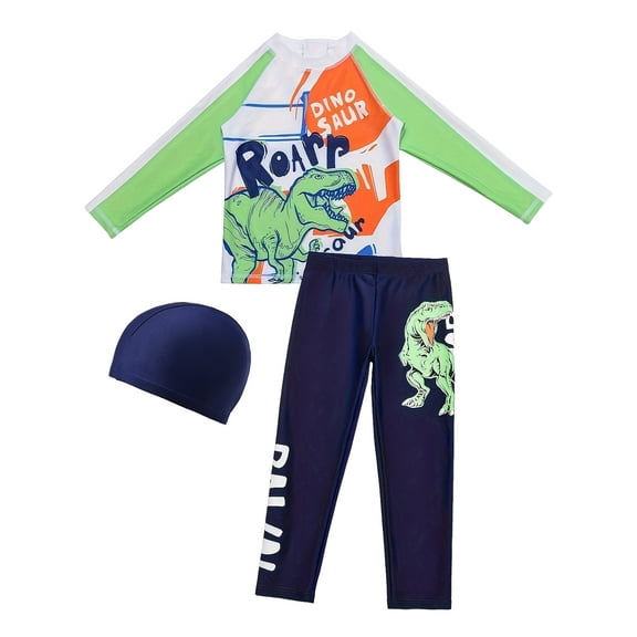 Happy Cherry Boys' Water Park Swimwear Quick-Dry Fabric Dinosaur Print Swimsuit Cap and Long Pants 5-6 T