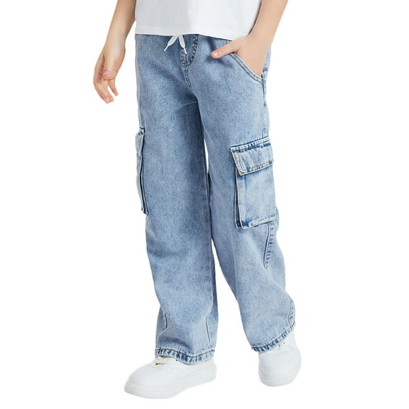 Happy Cherry Cargo Jeans Pants for Boys Elastic Waist Baggy Trousers Kid Denim Pant Wide Leg Loose Streetwear with Pocket 8 Years