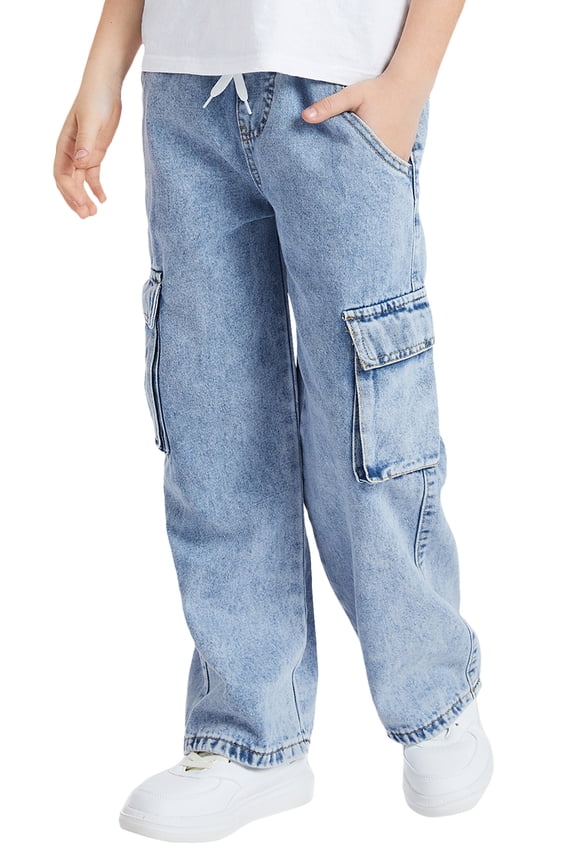 Cargo Jeans Pants for Boys Elastic Waist Baggy Trousers Kid Denim Pant Wide Leg Loose Streetwear with Pocket 8 Years