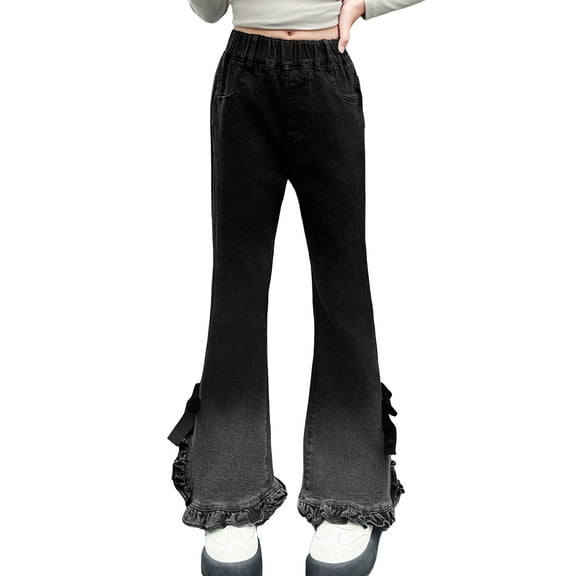 Happy Cherry Flare Denim Pants Kids Skinny Bell Bottom Pants Girl Flare Leg Cute Bow Jeans Trouser Elastic Waist Bottoms with Pockets 11-12 Years