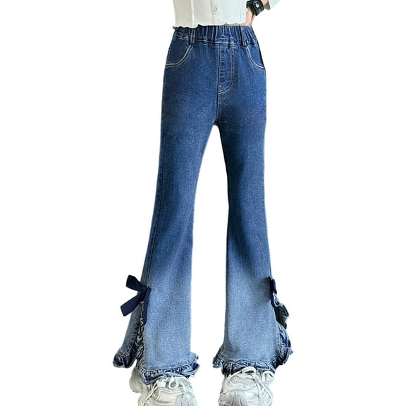 Happy Cherry Flare Denim Pants Kids Skinny Bell Bottom Pants Girl Flare Leg Cute Bow Jeans Trouser Elastic Waist Bottoms with Pockets 11-12 Years