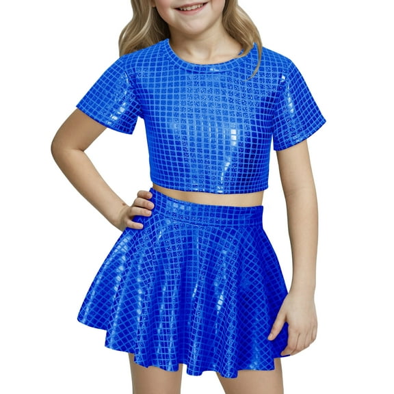 Happy Cherry Girl Shiny Skirt Top Set Kid Dance Performance Outfits Metallic Sequin Clothes Sparkly Disco Short Sleeve Crop Top with Skirt 2 Pcs 5-6 Years