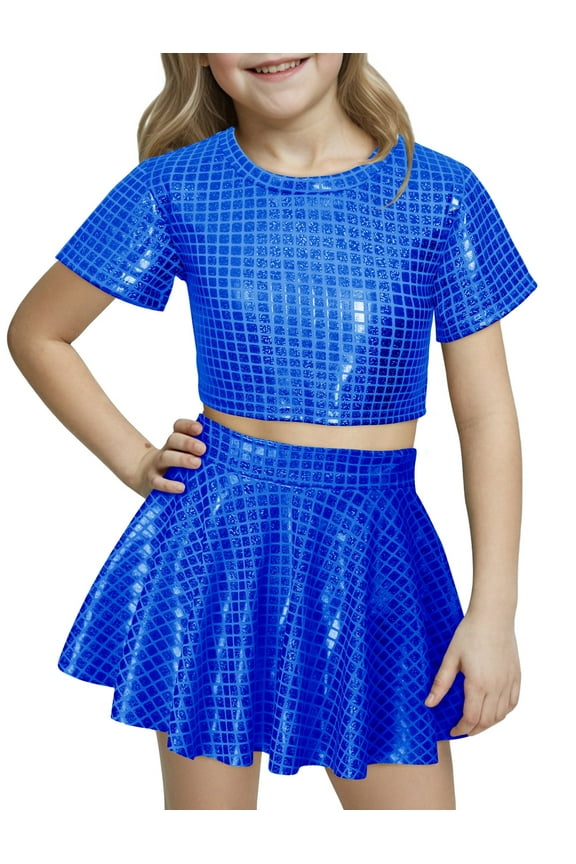 Girl Shiny Skirt Top Set Kid Dance Performance Outfits Metallic Sequin Clothes Sparkly Disco Short Sleeve Crop Top with Skirt 2 Pcs 5-6 Years